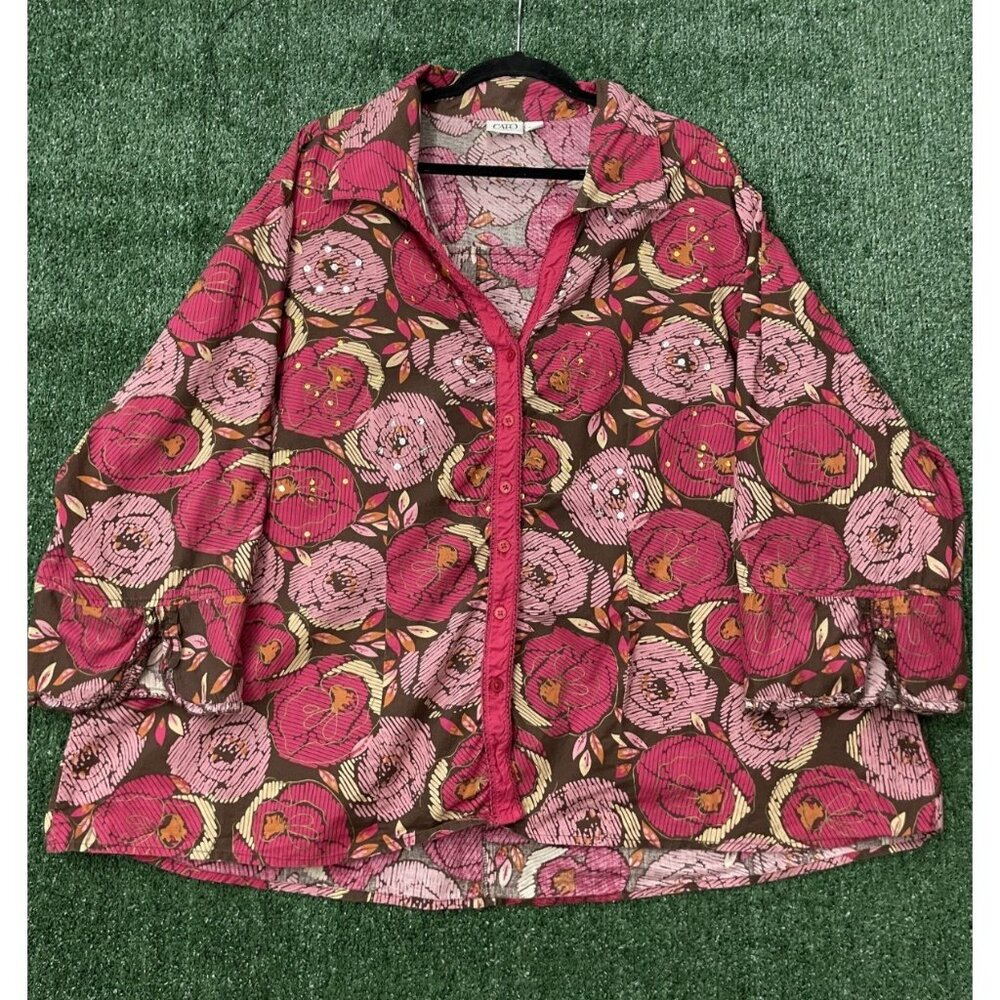 Cato Floral Shirt Women Button Pink 3/4 Sleeve Size 26/28W Top Sequin 60s